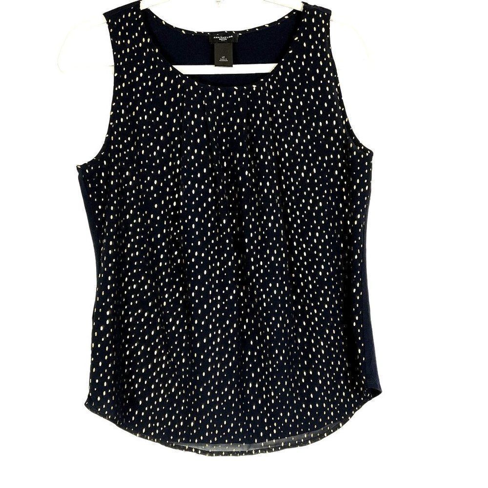 Ann Taylor Factory Navy Blue Shell w/ Gold Oval Print on the front, Lined, sz MP